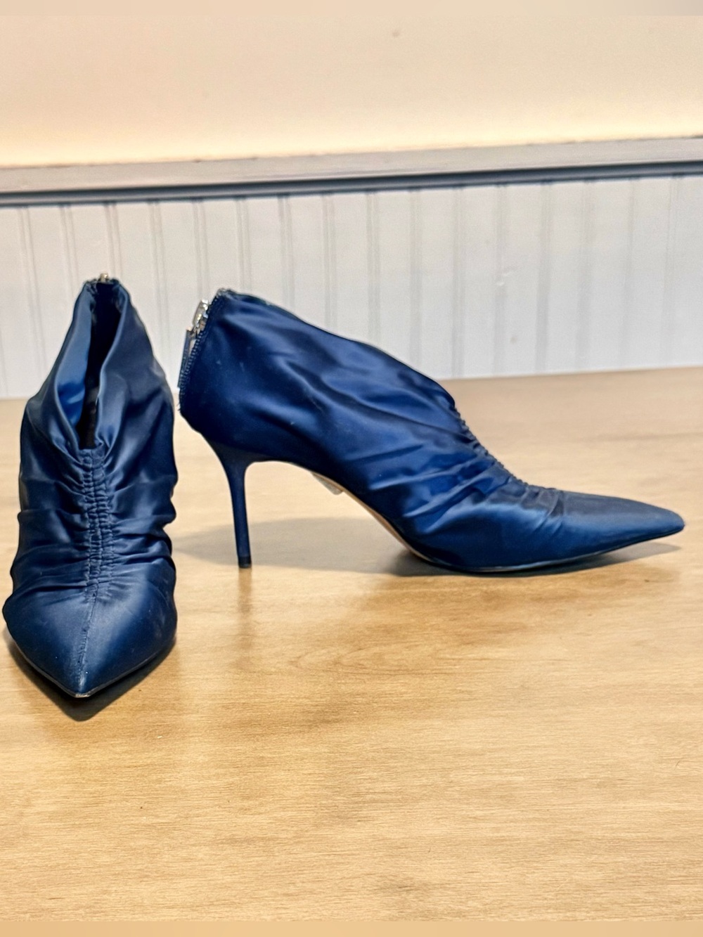 Zara Navy Satin Pointed-Toe Heels